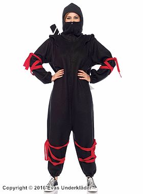 Kvinnelig ninja (også kjent som kunoichi), kostyme kigurumi-jumpsuit, hette, stropper, glidelås på forsiden